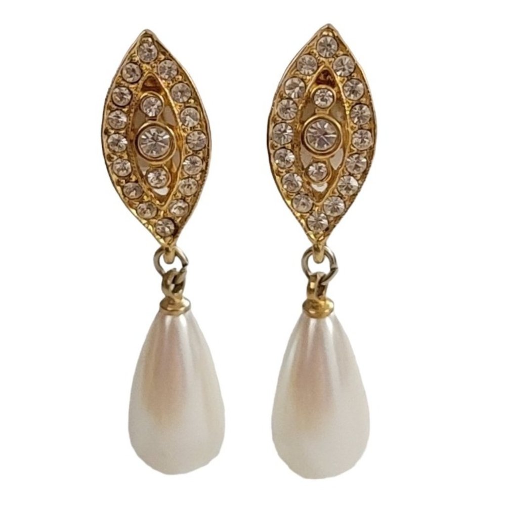 Gold Tone Clear Rhinestone Faux Pearl Dangle Clip On Earrings K915